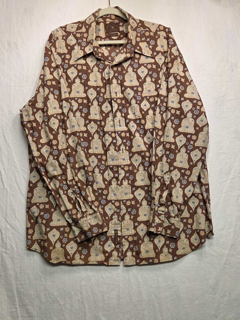 Vintage Lucky Brand Brown Shirt with Cream and Blue Budda Print. Size XXL